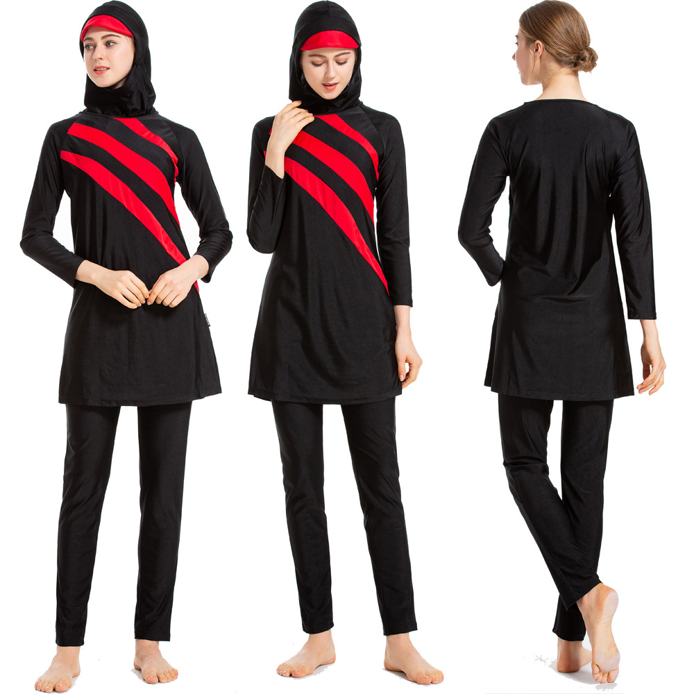 Modest Long Sleeve Burkini Islamic Womens Swimwear With Hijab Color Patchwork Design Muslim Swimsuit - 9