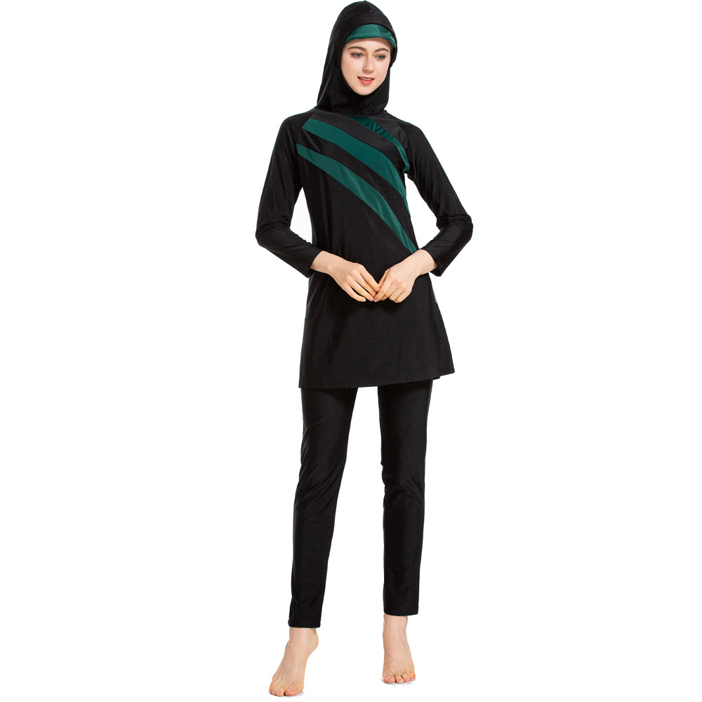 Modest Long Sleeve Burkini Islamic Womens Swimwear With Hijab Color Patchwork Design Muslim Swimsuit - 5