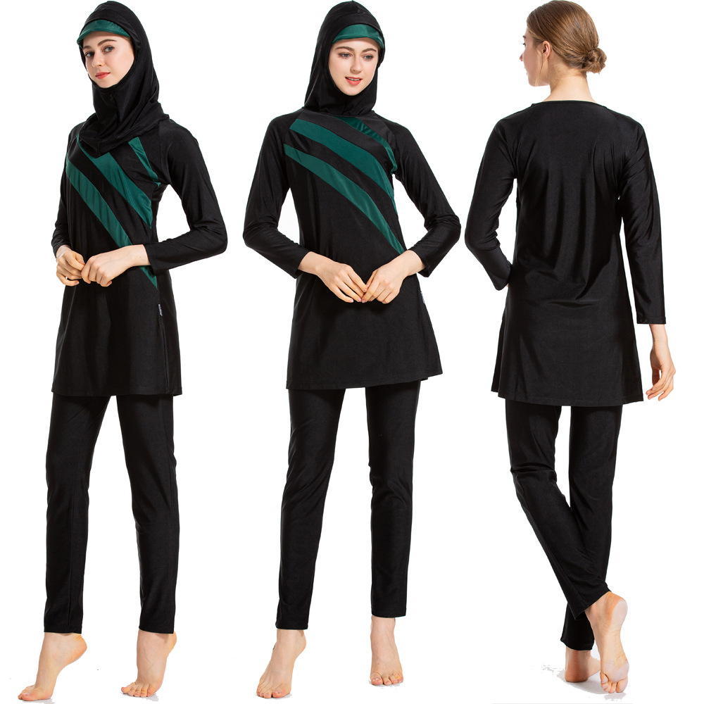 Modest Long Sleeve Burkini Islamic Womens Swimwear With Hijab Color Patchwork Design Muslim Swimsuit - 3