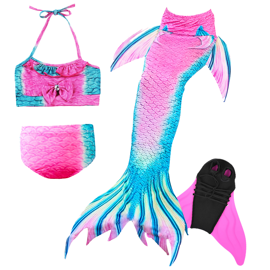 Girls Swimable Mermaid Tail Swimsuit With Diving Monofin Flipper Kids Bikini Swimwear - 36