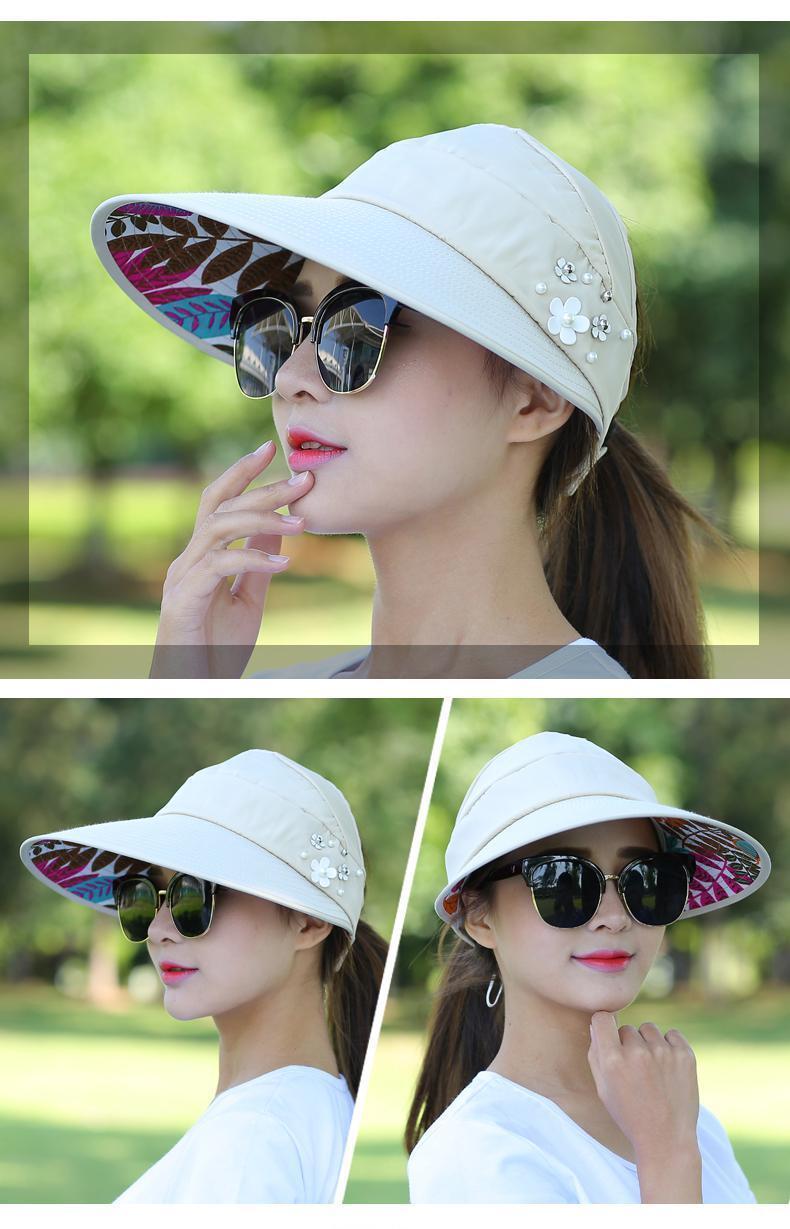 Womens Summer Uv Protection Hat Packable Wide Brim Visor With Pearls For Beach Holidays - 5