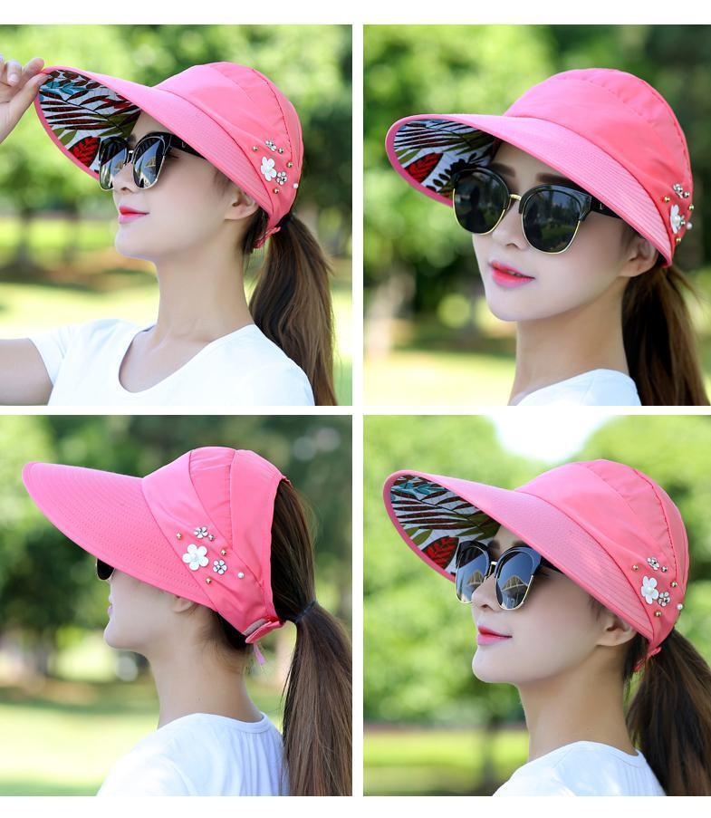 Womens Summer Uv Protection Hat Packable Wide Brim Visor With Pearls For Beach Holidays - 4