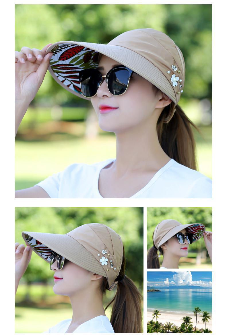 Womens Summer Uv Protection Hat Packable Wide Brim Visor With Pearls For Beach Holidays - 3