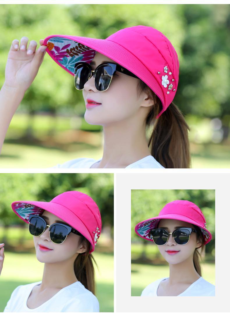 Womens Summer Uv Protection Hat Packable Wide Brim Visor With Pearls For Beach Holidays - 2