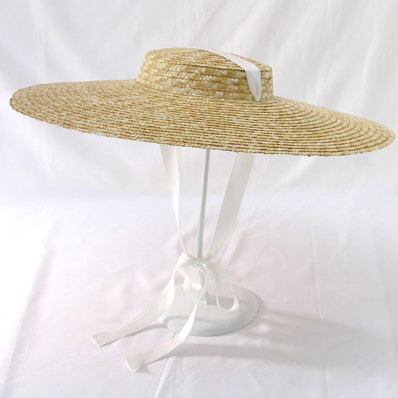 Womens Summer Large Brim Straw Hat Gemvie Flat Top Sun Boater Beach Cap With Ribbon - 13