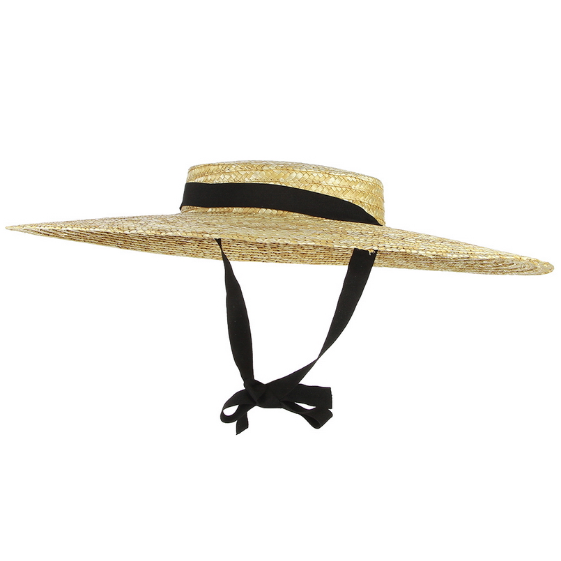 Womens Summer Large Brim Straw Hat Gemvie Flat Top Sun Boater Beach Cap With Ribbon - 1