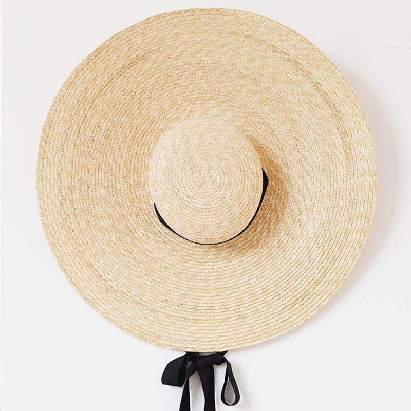 Handmade Unisex Black Straw Hat With Bandage Ribbon Wide Brim Sun Protection For Summer Beach Derby - 17