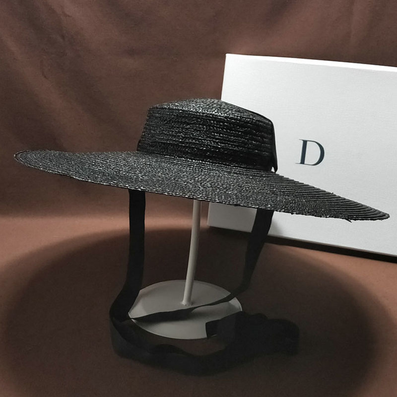 Handmade Unisex Black Straw Hat With Bandage Ribbon Wide Brim Sun Protection For Summer Beach Derby - 7