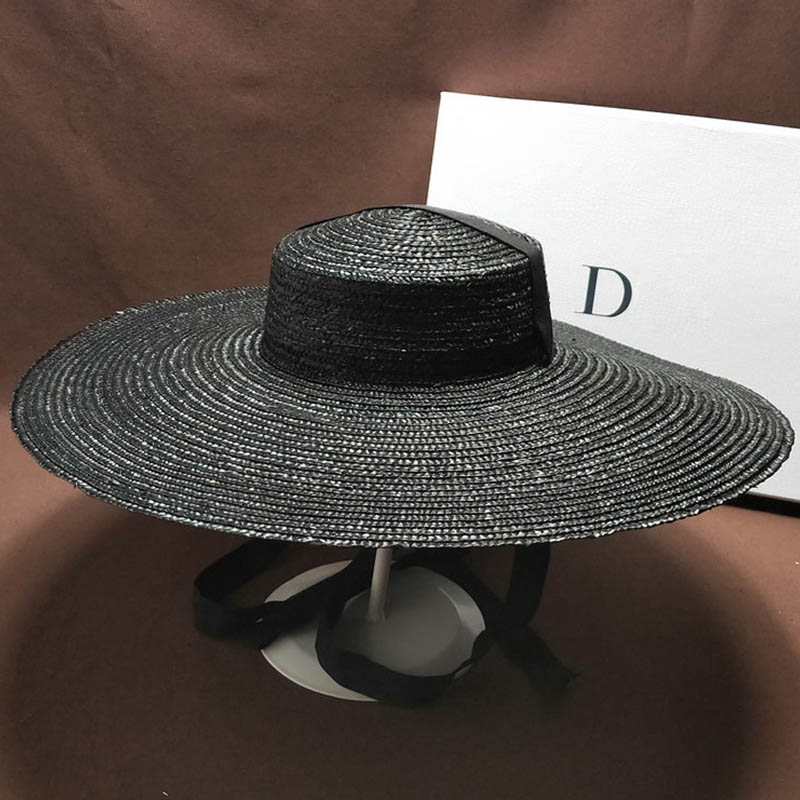 Handmade Unisex Black Straw Hat With Bandage Ribbon Wide Brim Sun Protection For Summer Beach Derby - 6