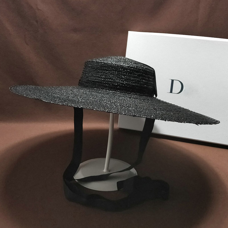 Handmade Unisex Black Straw Hat With Bandage Ribbon Wide Brim Sun Protection For Summer Beach Derby - 5