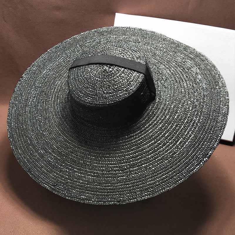 Handmade Unisex Black Straw Hat With Bandage Ribbon Wide Brim Sun Protection For Summer Beach Derby - 3