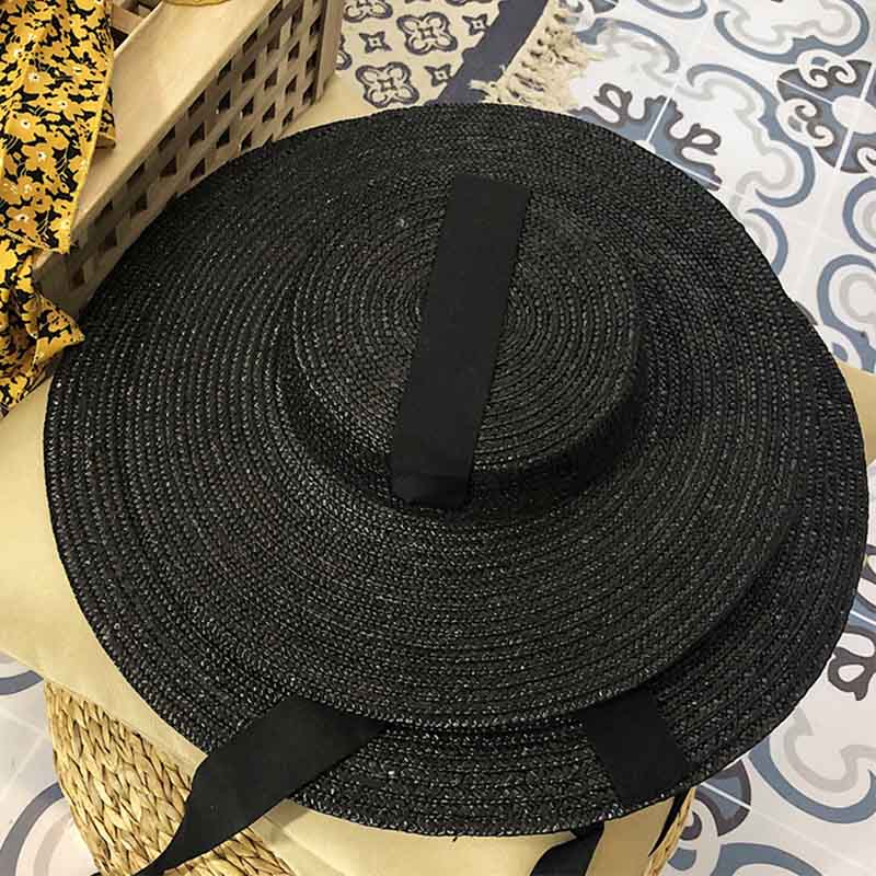 Handmade Unisex Black Straw Hat With Bandage Ribbon Wide Brim Sun Protection For Summer Beach Derby - 2